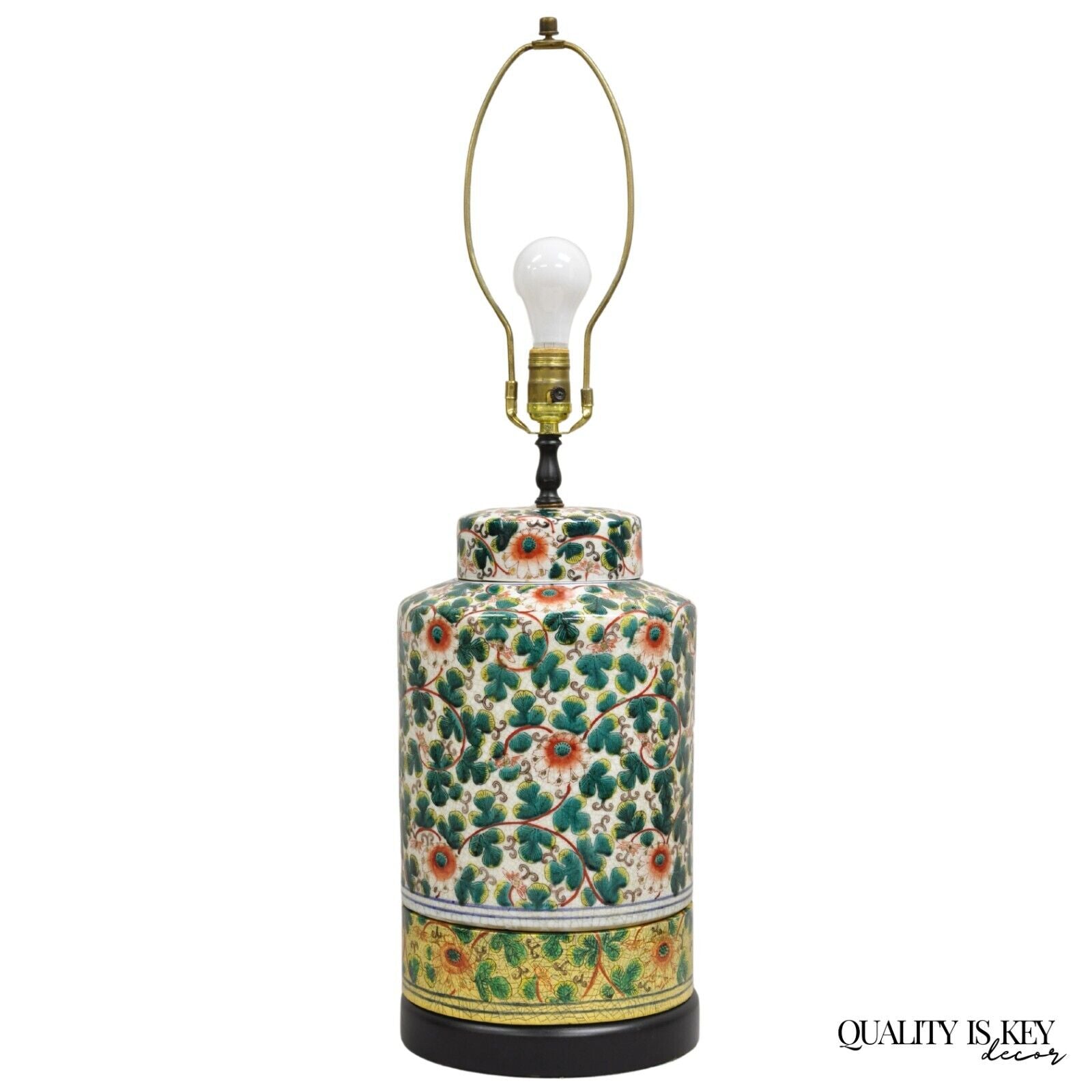 Vintage Chinoiserie Chinese Ginger Jar Green Flower Painted Oriental Table Lamp