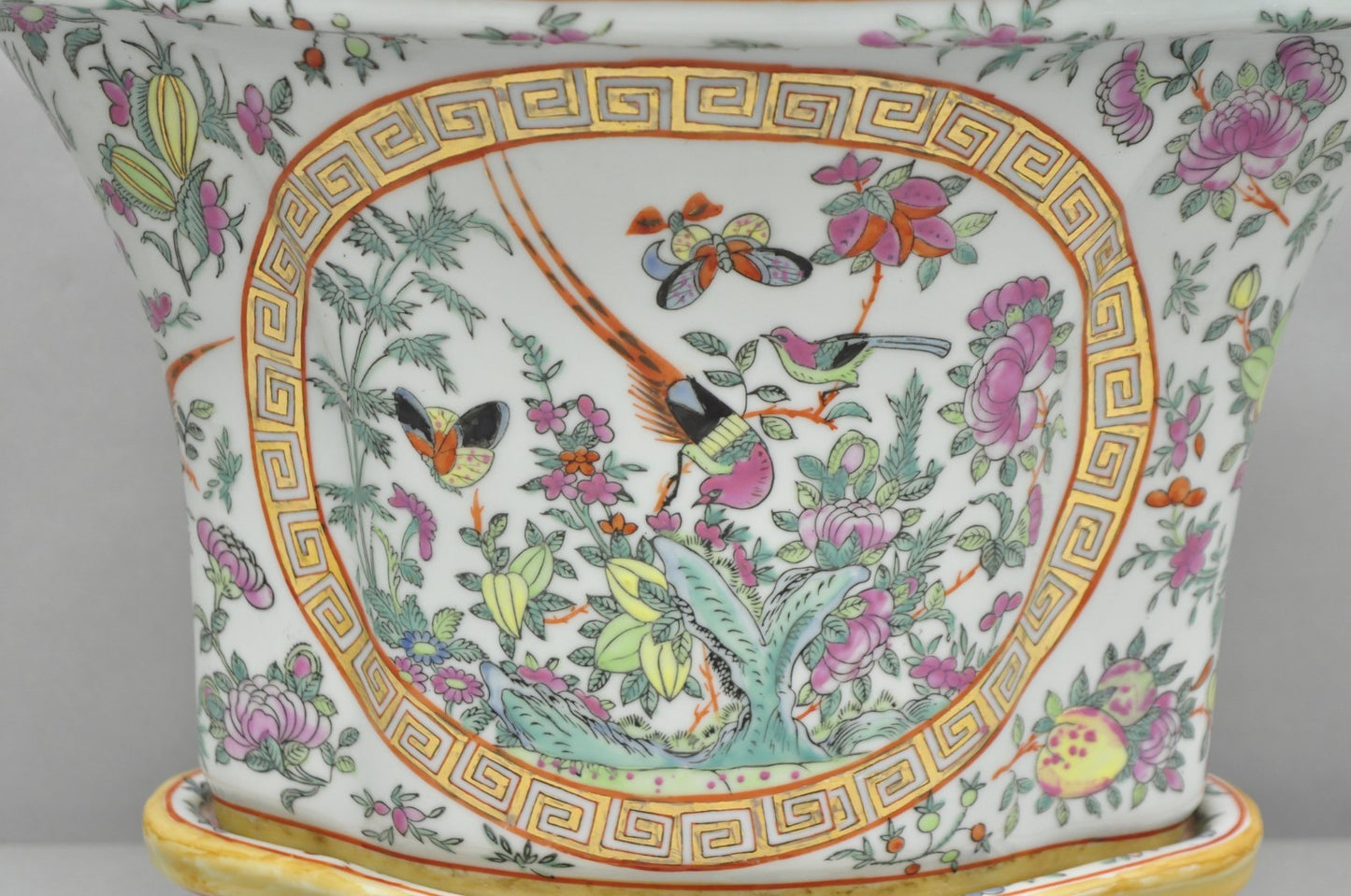 Vintage Chinese Export Porcelain Bird Painted Cachepot Flower Pot Vase