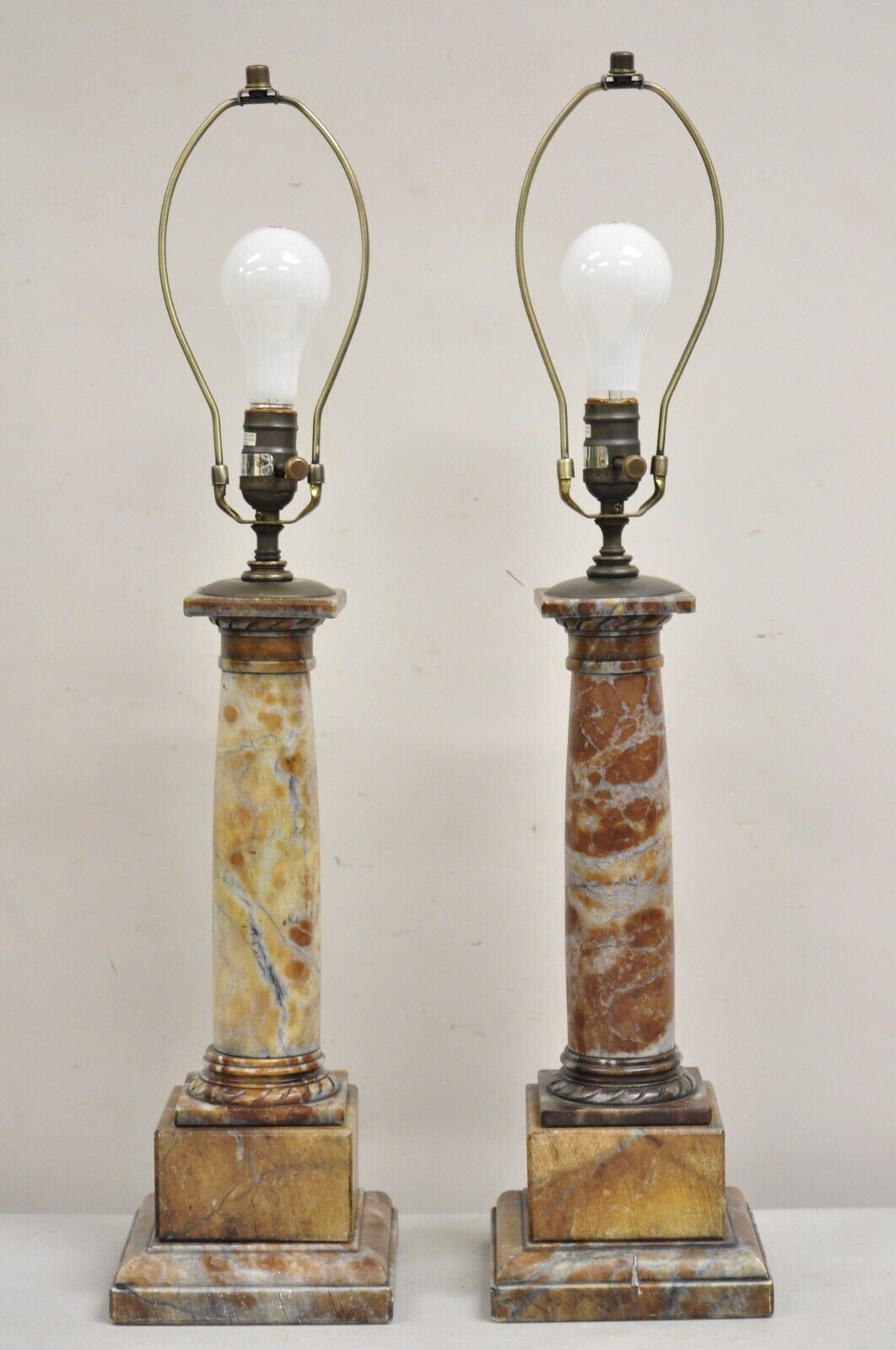 Contemporary Italian Neoclassical Rouge Marble Column Empire Table Lamps - Pair