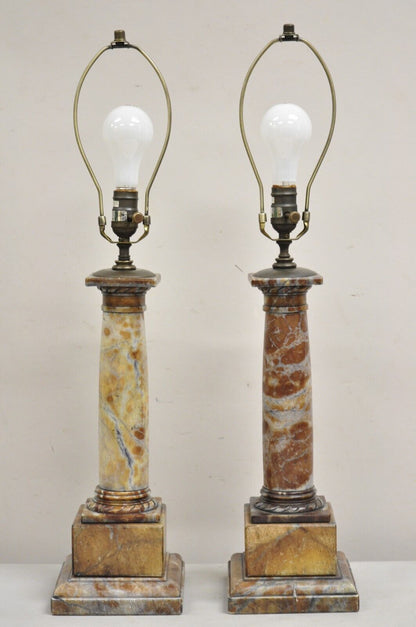 Contemporary Italian Neoclassical Rouge Marble Column Empire Table Lamps - Pair