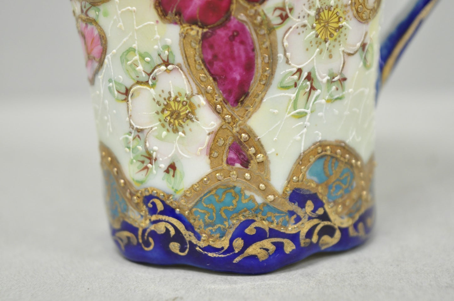 Antique Victorian Teacup & Saucer Cobalt Blue & Roses w/ Draped Gold Trim