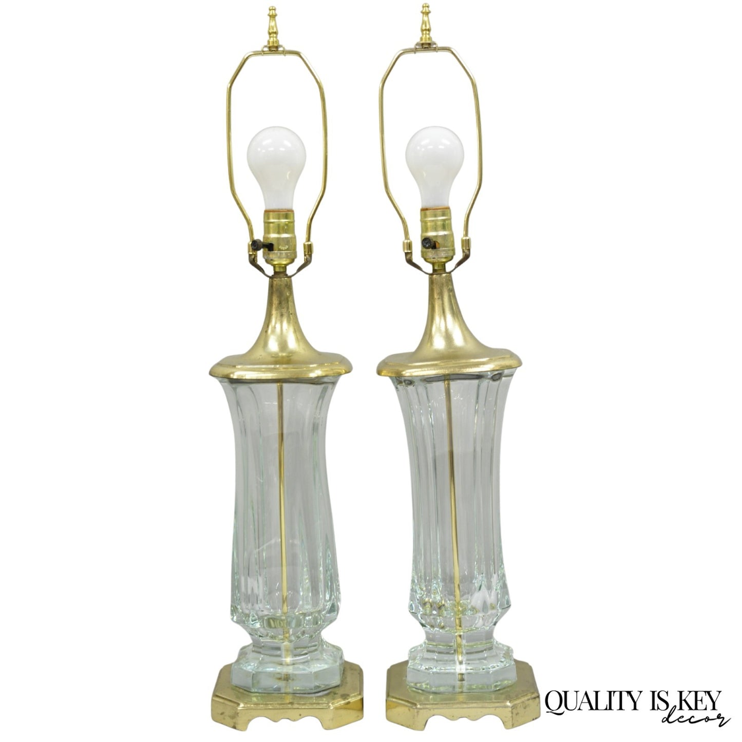 Vintage Cofrac Art Verrier French Leaded Crystal Glass & Brass Table Lamps, Pair