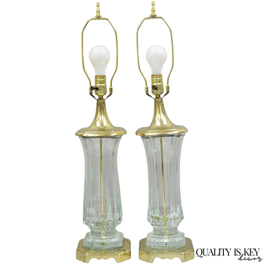 Vintage Cofrac Art Verrier French Leaded Crystal Glass & Brass Table Lamps, Pair