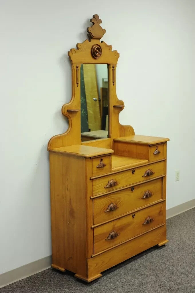 Antique Eastlake Victorian Carved Chestnut Step Down Cottage Dresser w/ Mirror