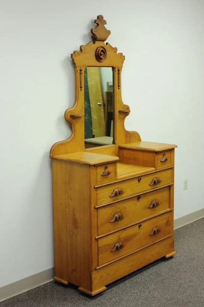 Antique Eastlake Victorian Carved Chestnut Step Down Cottage Dresser w/ Mirror