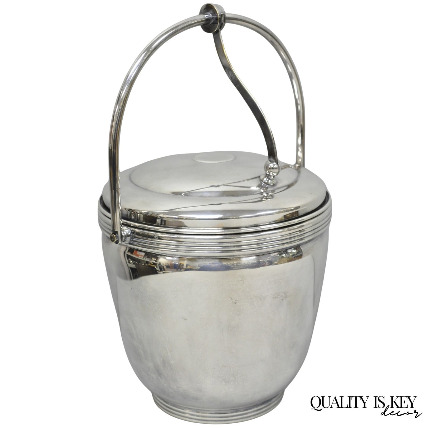 Mid Century Modern Sheffield Silver Plated Reticulating Hinge Ice Bucket w Tongs