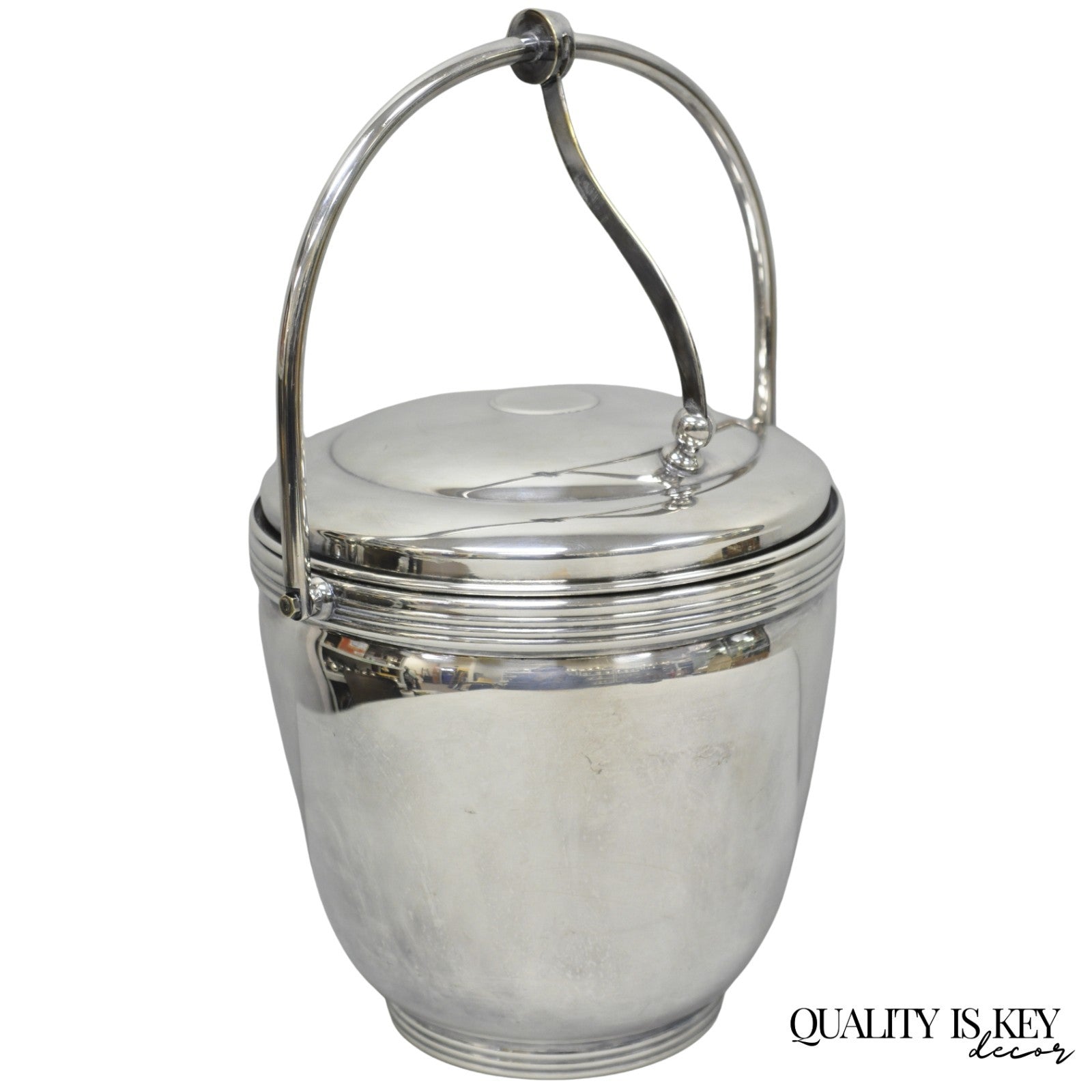 Mid Century Modern Sheffield Silver Plated Reticulating Hinge Ice Bucket w Tongs