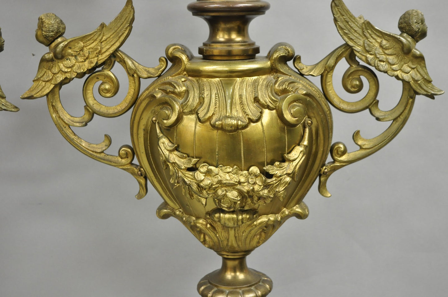 Large Antique French Rococo Louis XV Figural Cherub Bronze Candelabra Lamps Pair