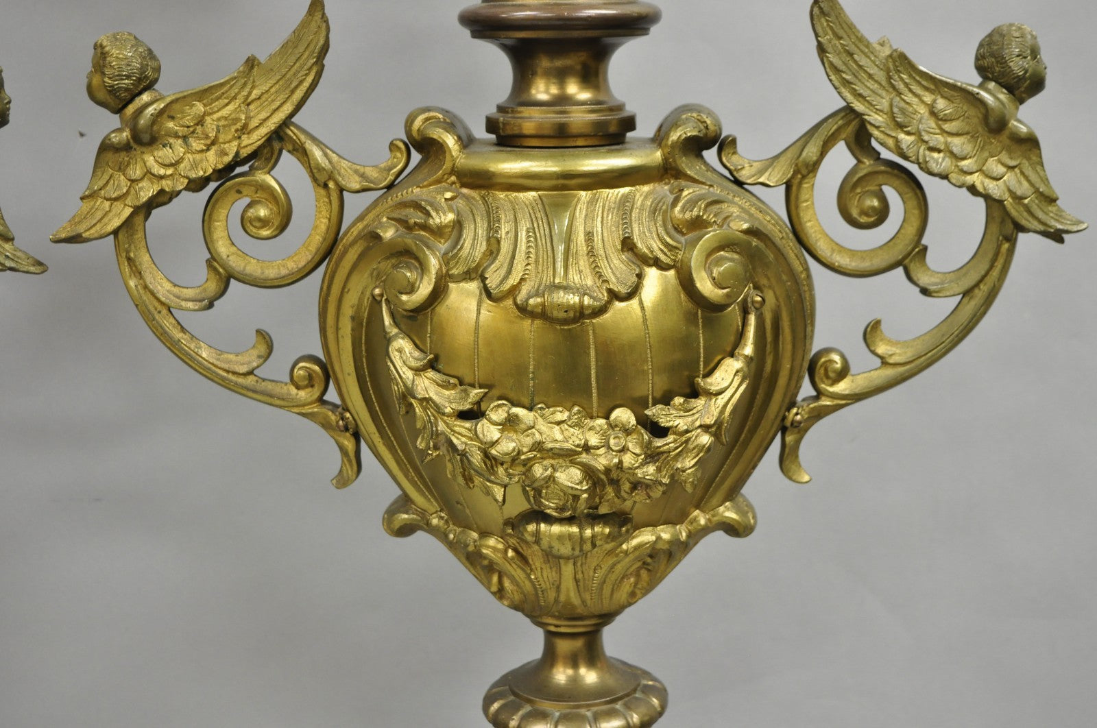 Large Antique French Rococo Louis XV Figural Cherub Bronze Candelabra Lamps Pair