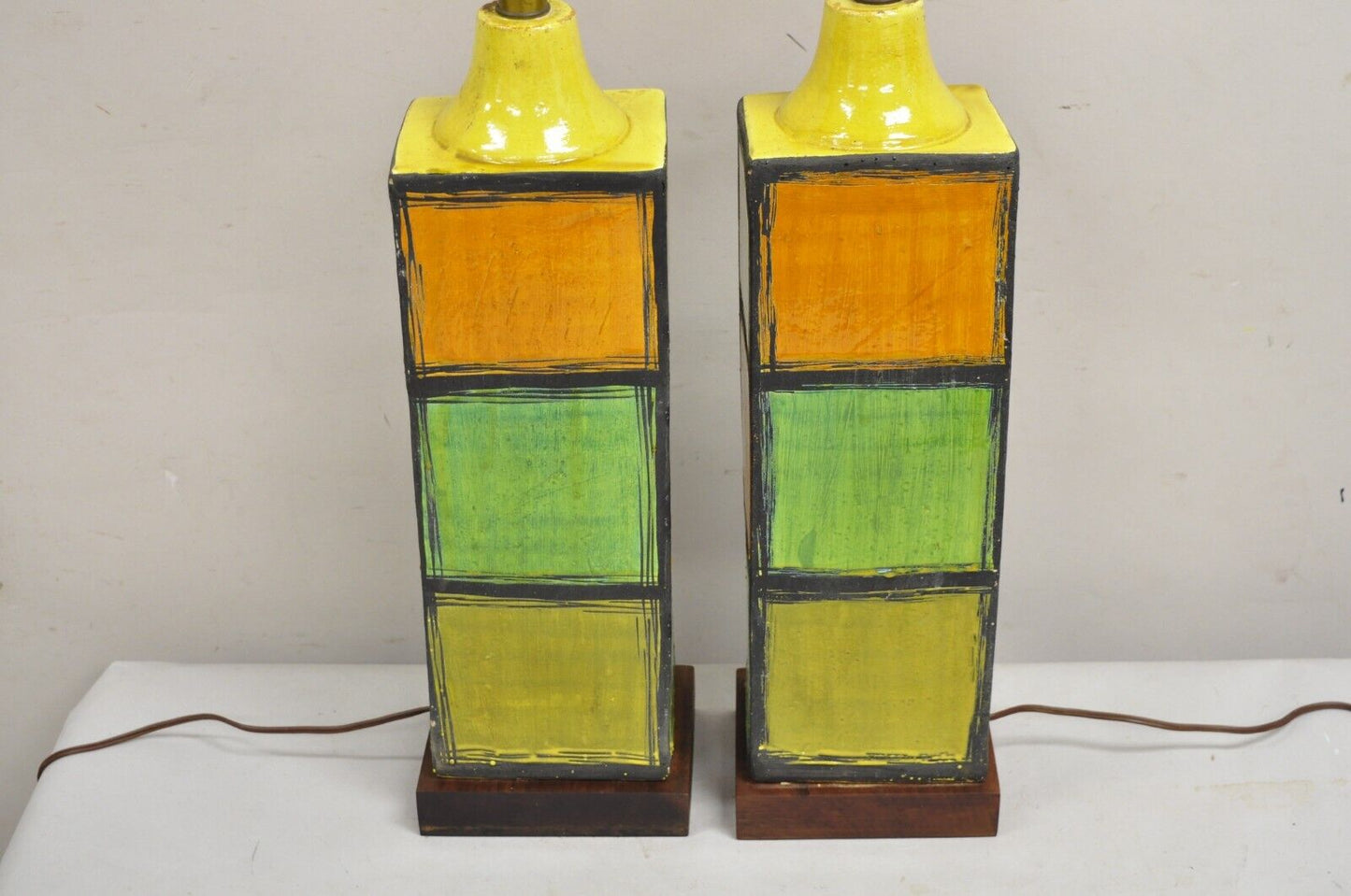 Aldo Londi Bitossi Italy Mid Century Modern Ceramic Square Vase Table Lamp Pair