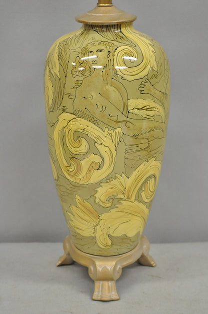 Contemporary Art Nouveau Revival Yellow Glass Jardiniere Table Lamp w/ Figures