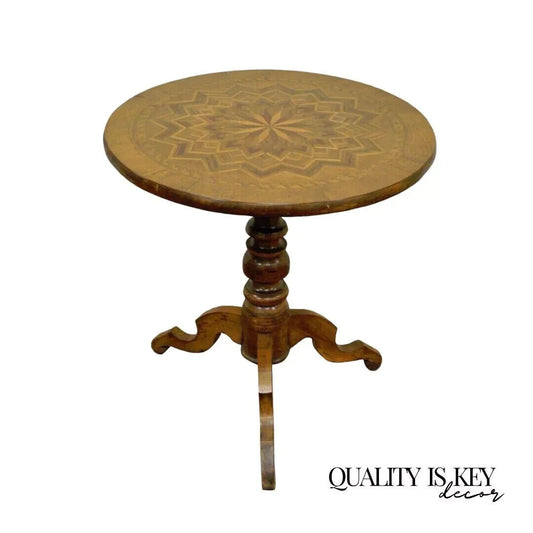 19th C Antique Italian Sorrentino Parquetry Inlaid Round Pedestal Center Table