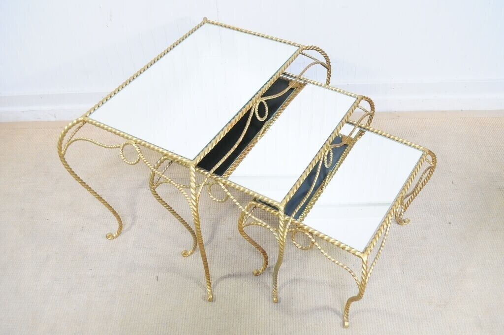 Vtg Italian Hollywood Regency Gold Nesting Rope Mirror Tole End Tables Set of 3