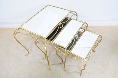 Vtg Italian Hollywood Regency Gold Nesting Rope Mirror Tole End Tables Set of 3