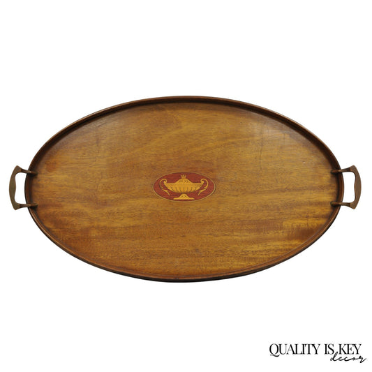Antique English Edwardian Oval Mahogany Butlers Bar Serving Tray with Urn Inlay
