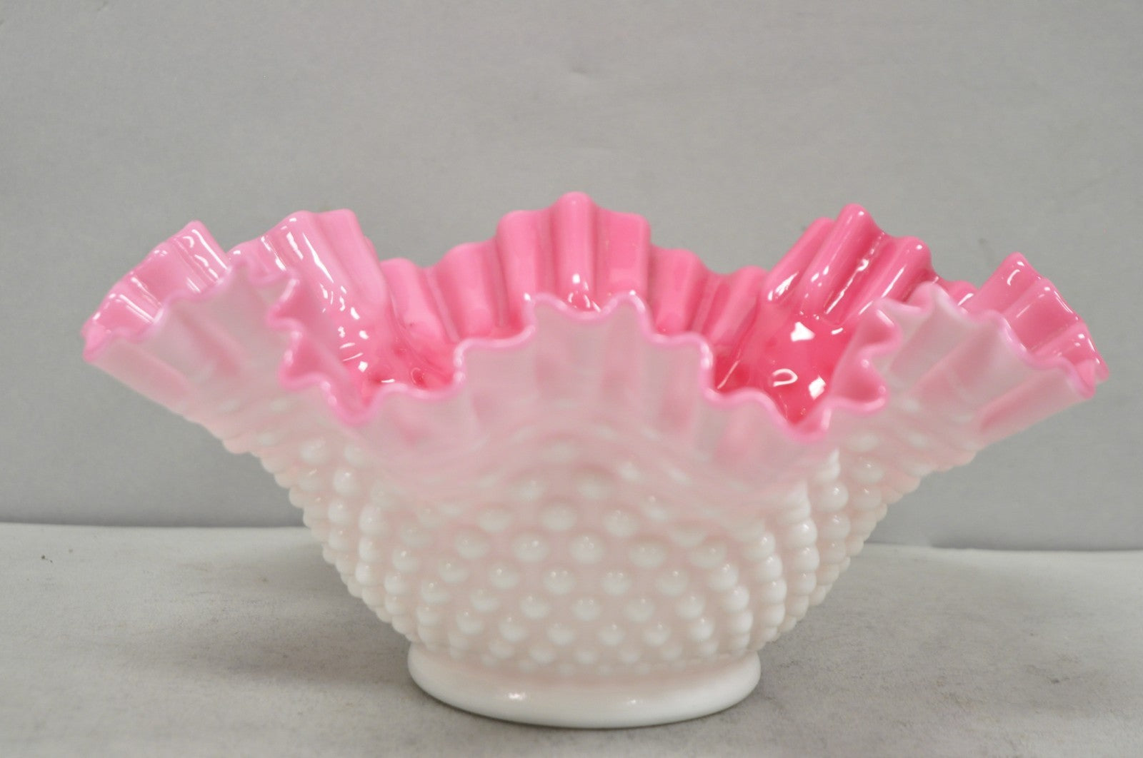 Vintage Pink & White Hobnail Cased Glass Candy Dish Ruffled Bowl Brides Basket