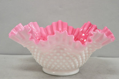 Vintage Pink & White Hobnail Cased Glass Candy Dish Ruffled Bowl Brides Basket