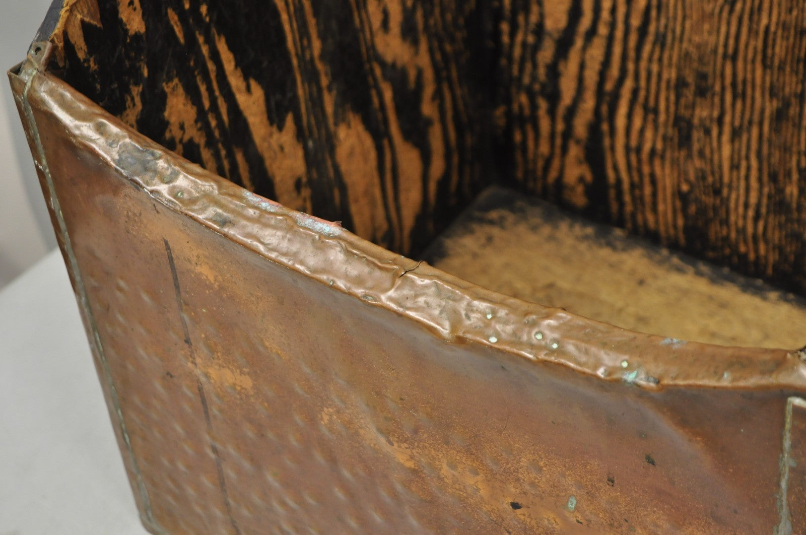 Antique French Country Primitive Copper & Wood Black Grain Painted Grain Bin