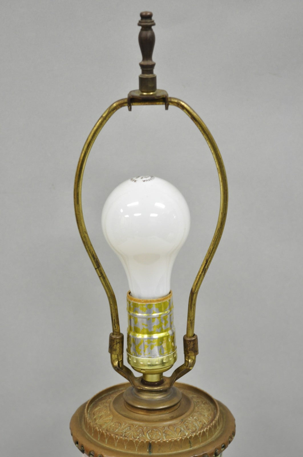 Art Nouveau Converted Oil Lamp Glass Cylinder Bird Painted Bronze Table Lamp