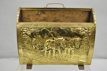 English Colonial Embossed Brass Farmer Horse-Drawn Plow Magazine Rack Holder
