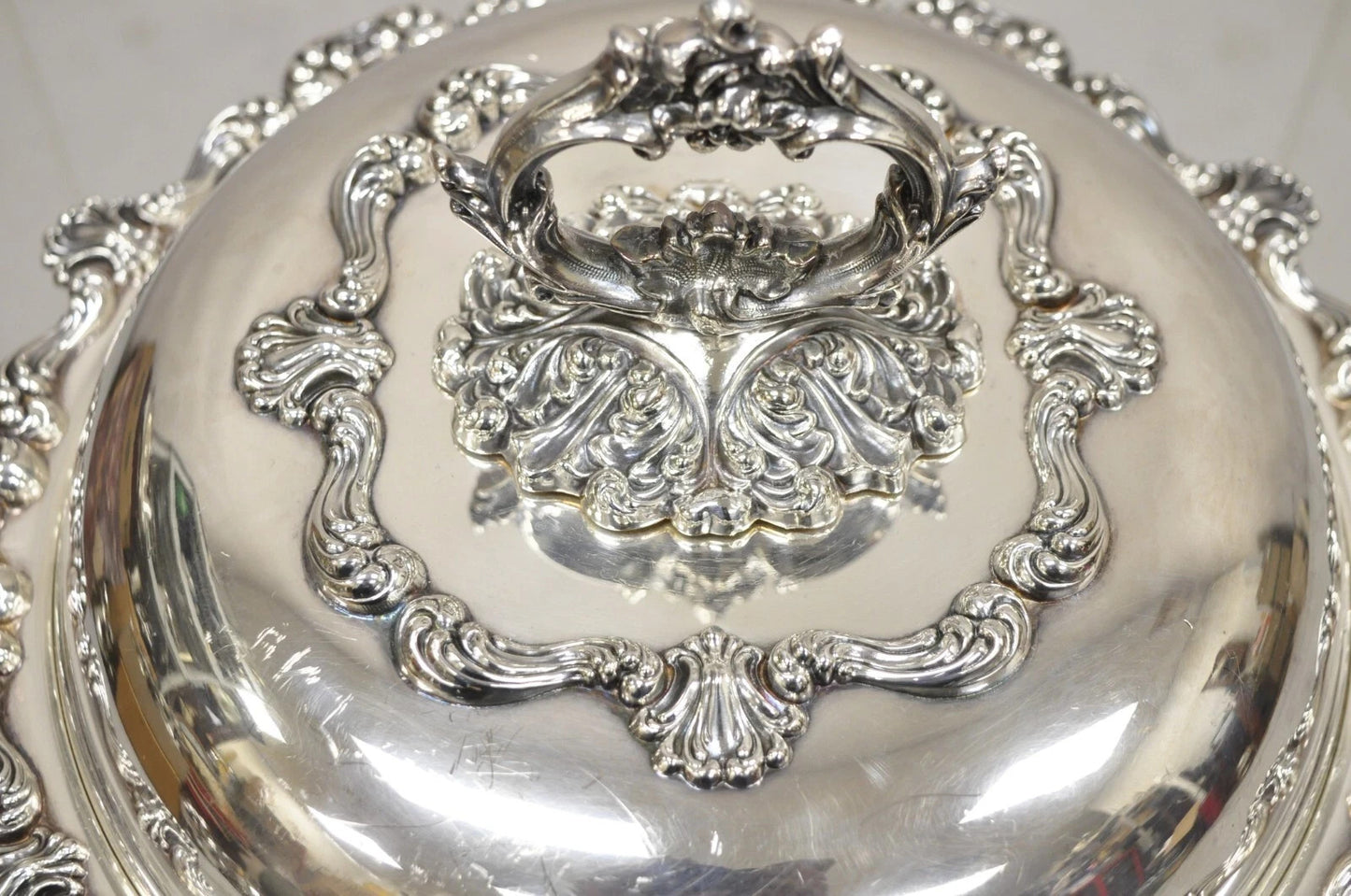 Vintage English Victorian Ornate Round Silver Plated Covered Serving Dish