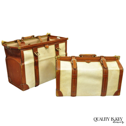 Vintage Dinoffer NY Italian Brown Leather & Vellum Parchment Gladstone Bag, Pair