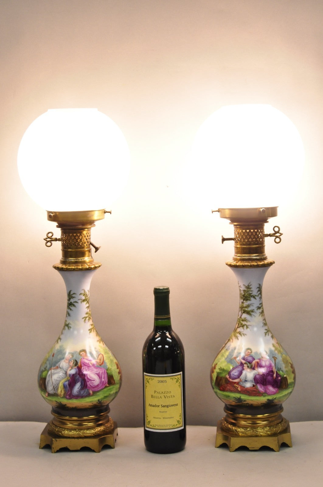 Antique French Napolean III Hand Painted Porcelain Oil Lamp Table Lamps - a Pair