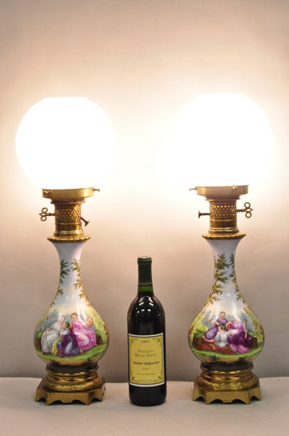 Antique French Napolean III Hand Painted Porcelain Oil Lamp Table Lamps - a Pair