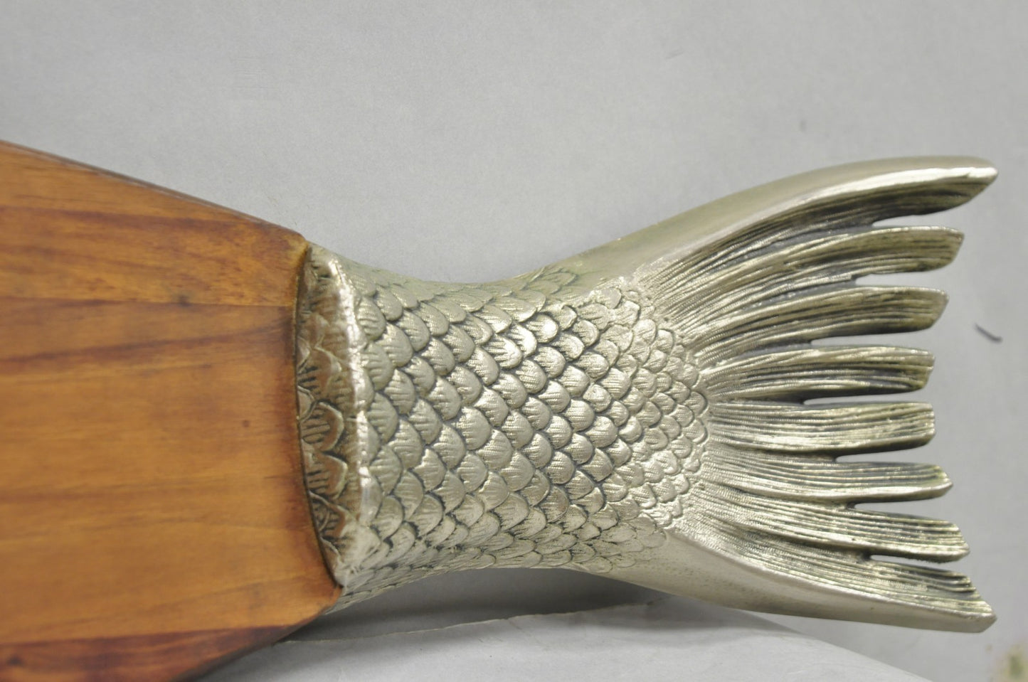 Vintage Mid Century Modern Teak Wood & Metal Fish Serving Platter Cutting Board