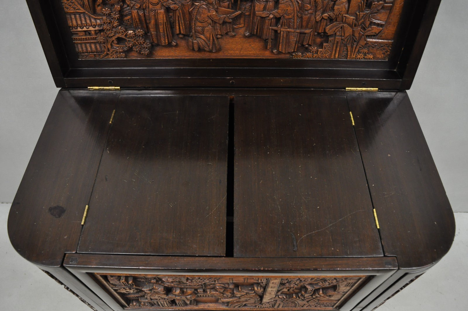 Vintage J L George Zee Chinese Figural Carved Teak Wood Flip Top Dry Bar Cabinet