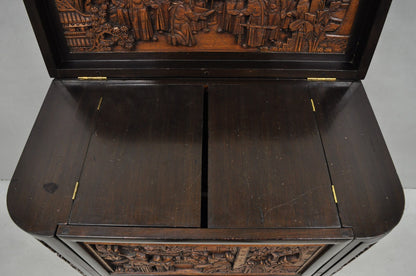 Vintage J L George Zee Chinese Figural Carved Teak Wood Flip Top Dry Bar Cabinet