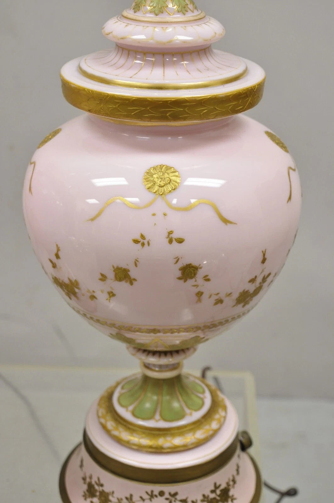 Antique French Louis XV Pink Porcelain Gold Painted Bulbous Table Lamps - a Pair