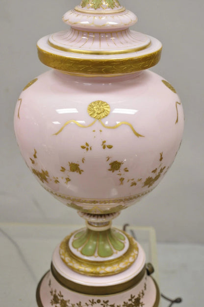 Antique French Louis XV Pink Porcelain Gold Painted Bulbous Table Lamps - a Pair