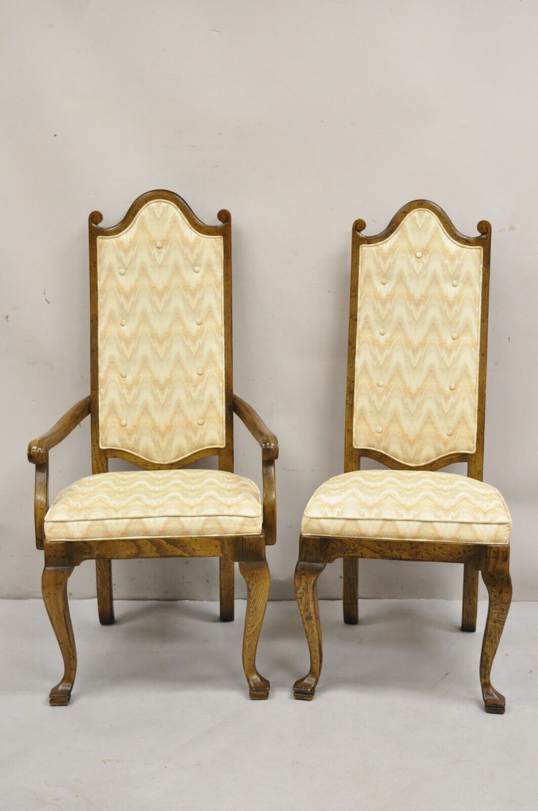 Vintage Italian Provincial Hollywood Regency Oak Wood Dining Chairs - Set of 8