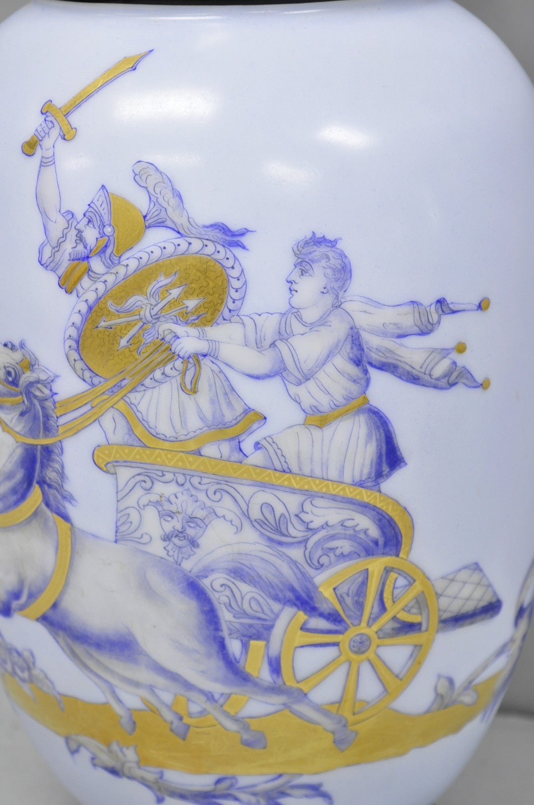 Vintage Greco Roman Classical Style Light Blue Porcelain Horse & Chariot Vase