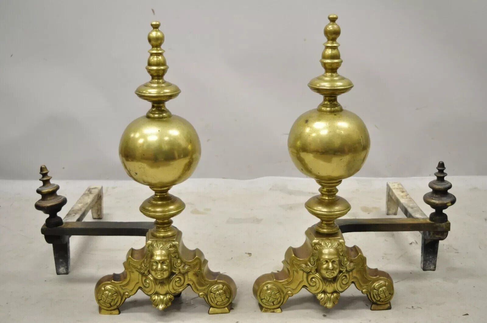 Vintage Beethoven Face French Rococo Brass Cannonball Fireplace Andirons - Pair