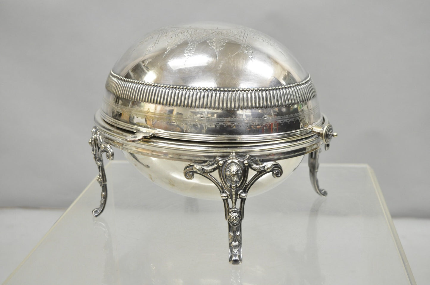 Antique English Edwardian Large Silver Plated Roll Top Warmer Chafing Dish