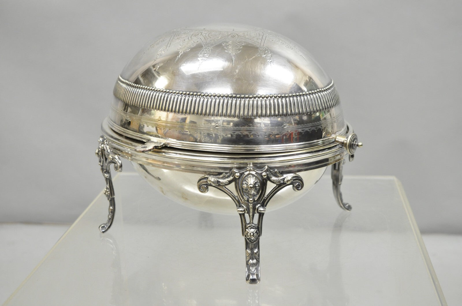Antique English Edwardian Large Silver Plated Roll Top Warmer Chafing Dish