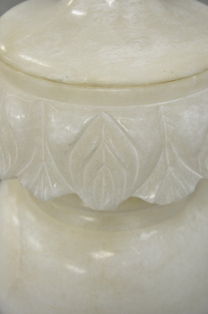 Antique Neoclassical Large Carved Solid Alabaster Marble Leaf Bulbous Table Lamp