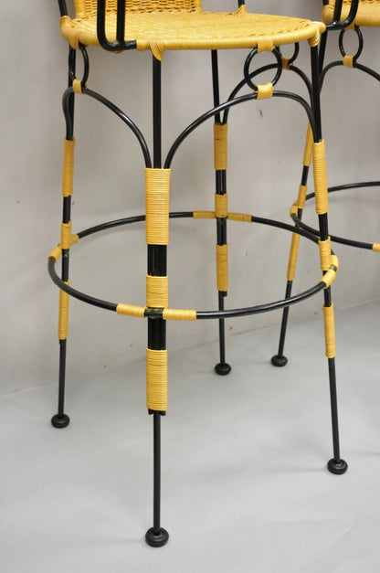French Country Wrought Iron Woven Vinyl Rattan Bar Stools With Arms - Set of 4