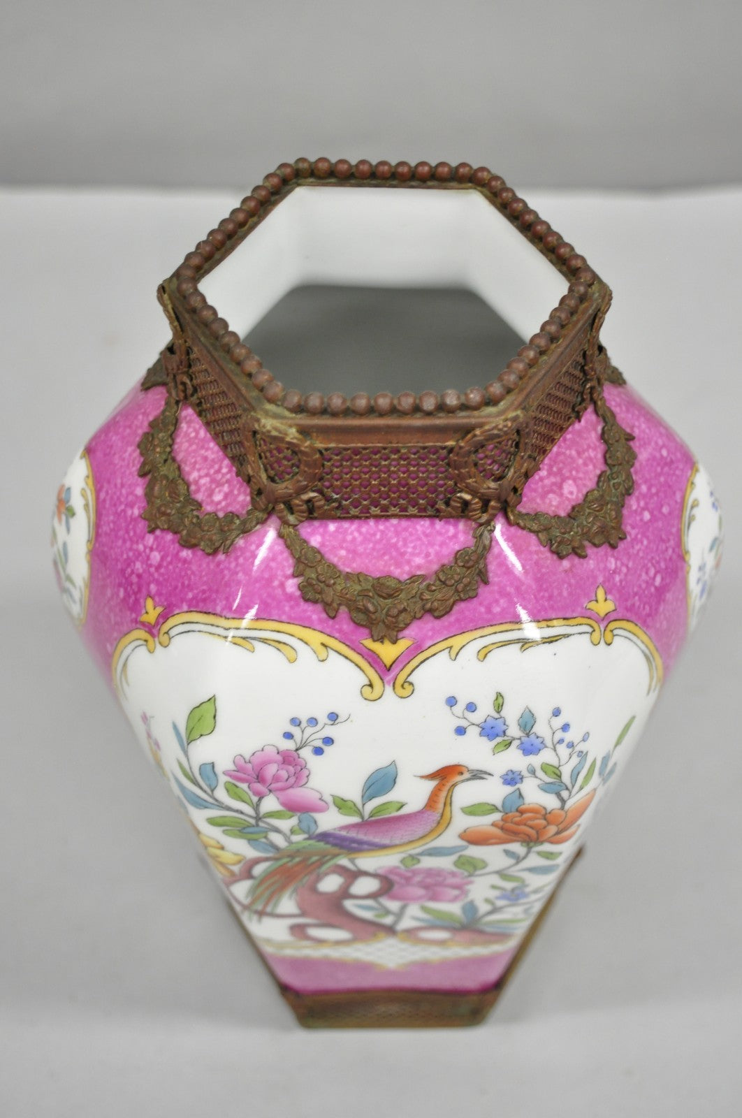 Antique Chinoiserie Pink French Porcelain German Ormulu Bird Painted Vase