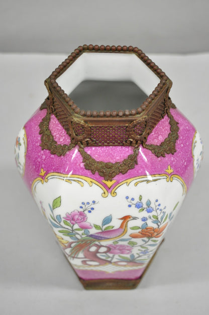 Antique Chinoiserie Pink French Porcelain German Ormulu Bird Painted Vase