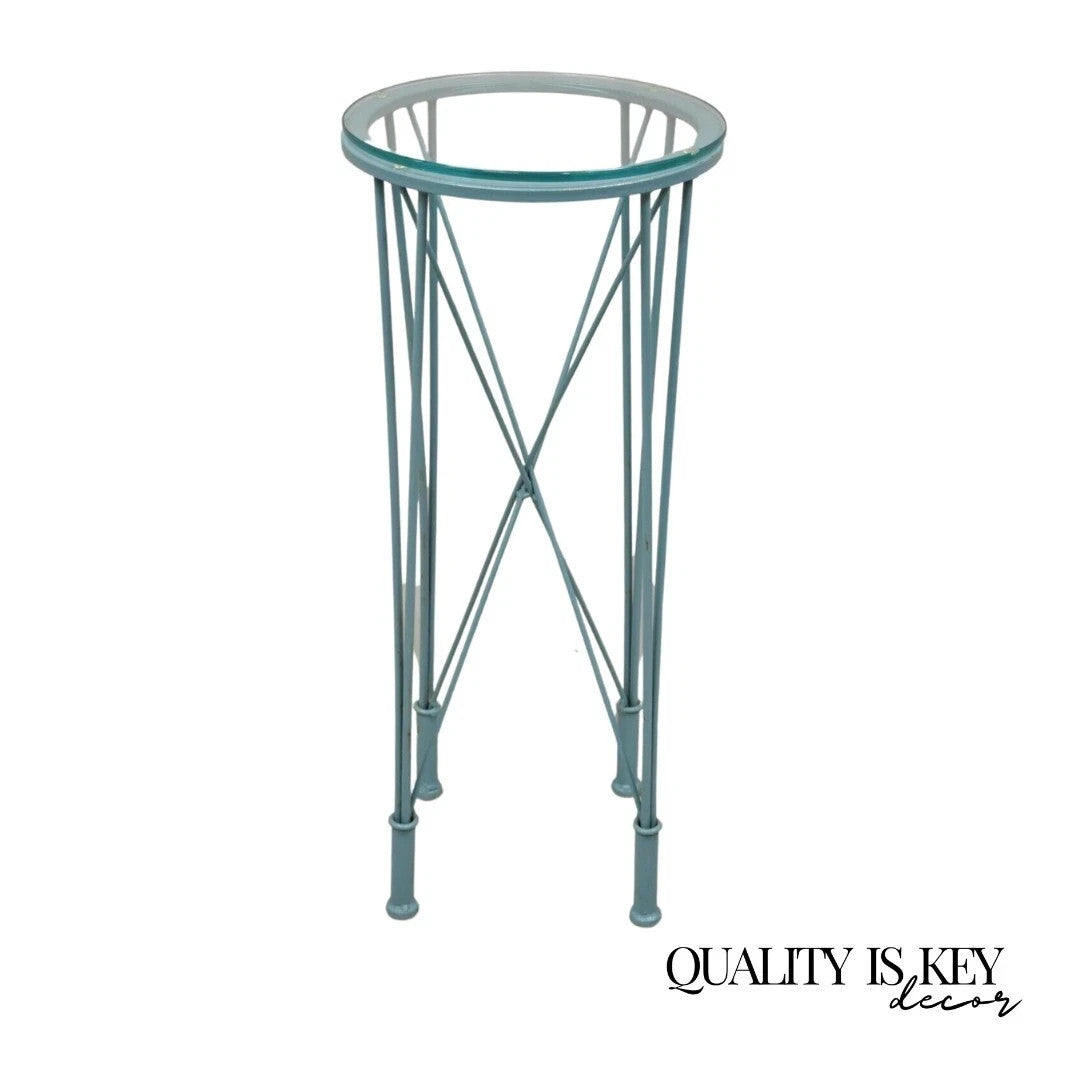 Postmodern Blue Wrought Iron "Skyscraper" Glass Top Pedestal Stand Side Table
