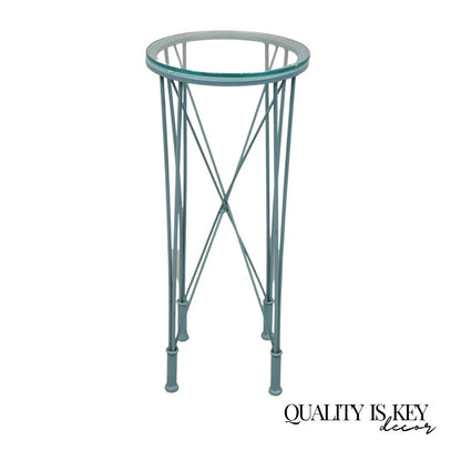 Postmodern Blue Wrought Iron "Skyscraper" Glass Top Pedestal Stand Side Table