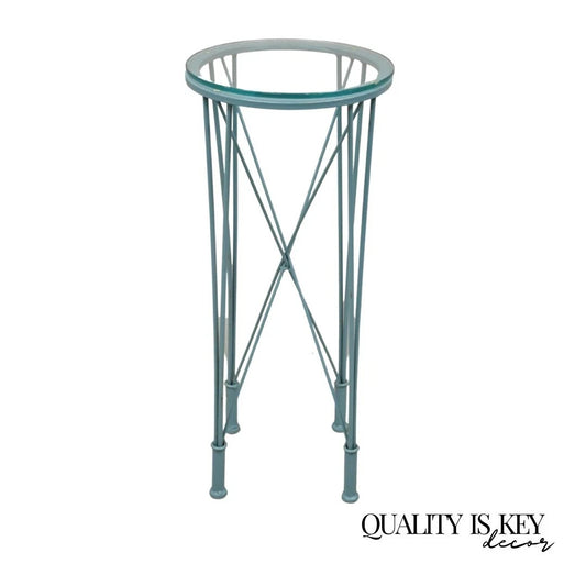 Postmodern Blue Wrought Iron "Skyscraper" Glass Top Pedestal Stand Side Table