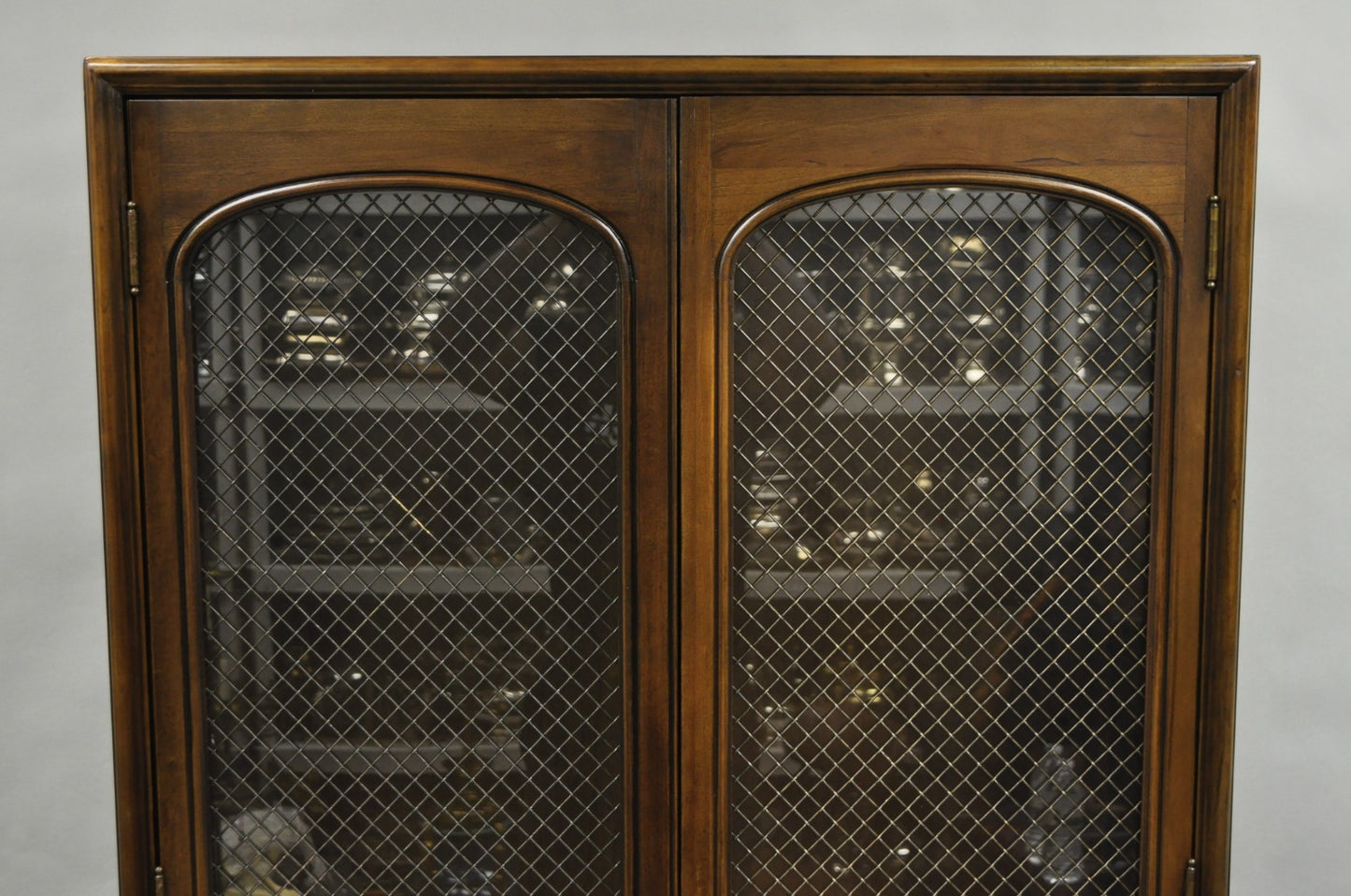 Vintage French Country Dark Cherry Wood Tall Lighted Curio Display Cabinet Pair