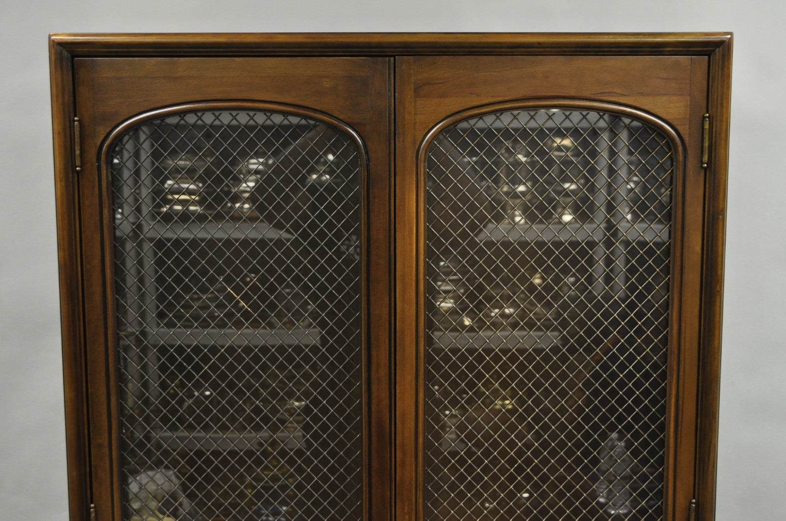 Vintage French Country Dark Cherry Wood Tall Lighted Curio Display Cabinet Pair