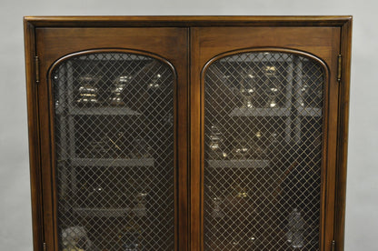Vintage French Country Dark Cherry Wood Tall Lighted Curio Display Cabinet Pair