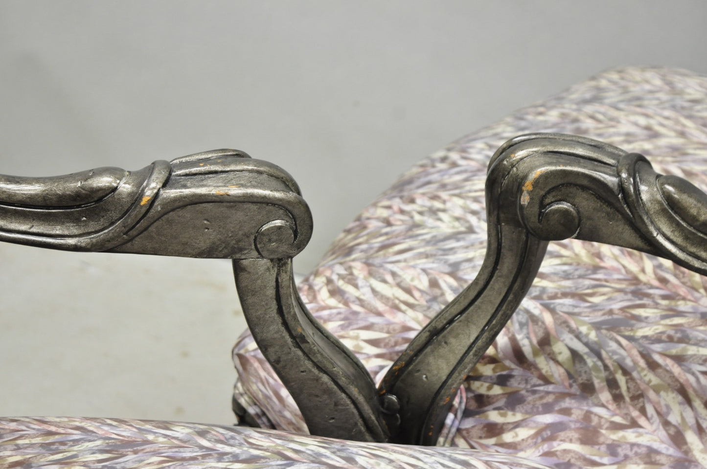 Vintage Italian Baroque Rococo Style Silver Leaf Gilt Lounge Arm Chairs - a Pair