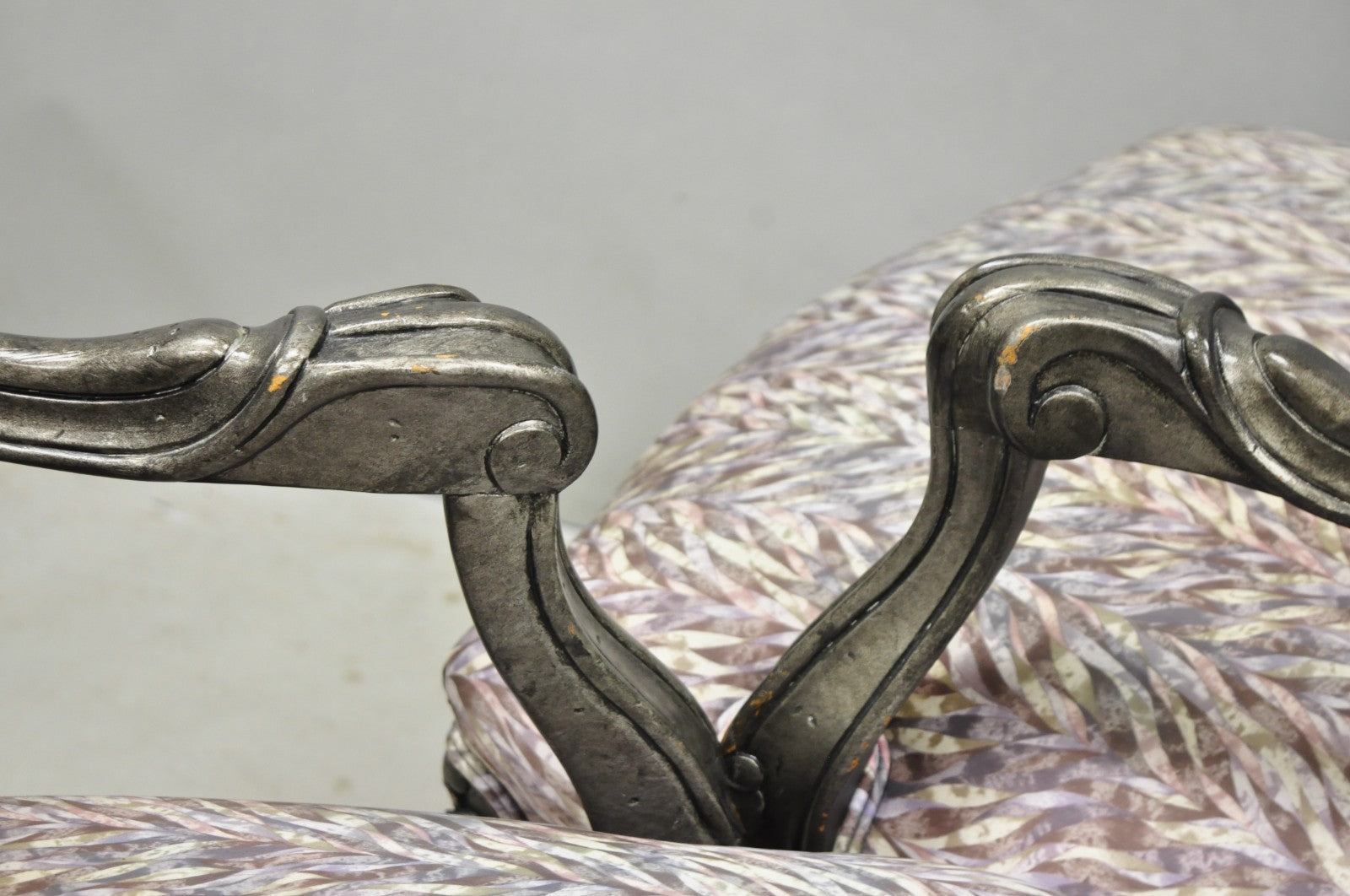 Vintage Italian Baroque Rococo Style Silver Leaf Gilt Lounge Arm Chairs - a Pair